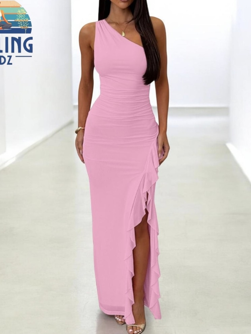 Women's Sexy Small Pink Shoulder Formal Long Dresses Ruched Bodycon High Split